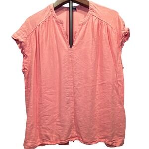 Womens XXL Coral Pink Linen Blend Split V-Neck Cap Sleeve Blouse Vacation Casual